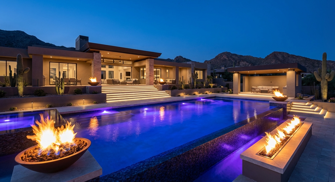 Completed luxury pool with fire features at blue hour, Scottsdale