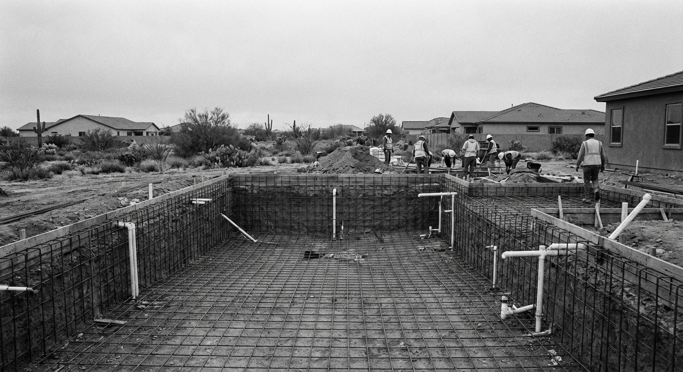 Pool construction site showing rebar grid and plumbing rough-in, Scottsdale